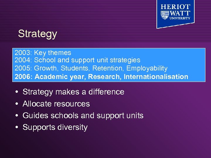 Strategy 2003: Key themes 2004: School and support unit strategies 2005: Growth, Students, Retention,