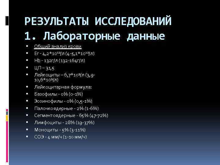 РЕЗУЛЬТАТЫ ИССЛЕДОВАНИЙ 1. Лабораторные данные Общий анализ крови Er - 4, 2*1012/л (4 -5,