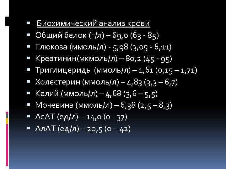  Биохимический анализ крови Общий белок (г/л) – 69, 0 (63 - 85) Глюкоза