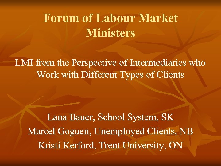 Forum of Labour Market Ministers LMI from the Perspective of Intermediaries who Work with