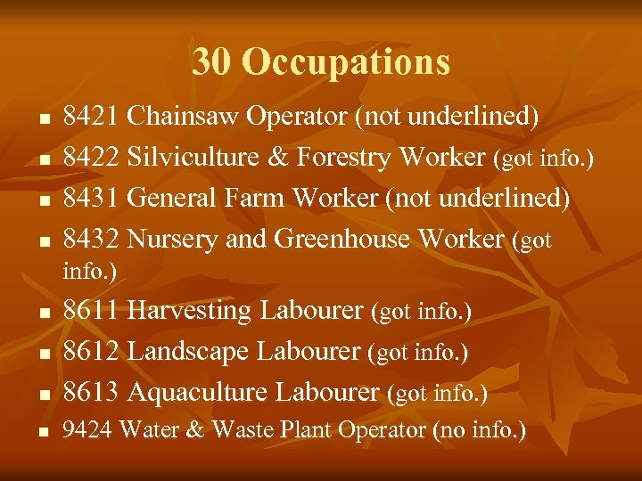 30 Occupations n n 8421 Chainsaw Operator (not underlined) 8422 Silviculture & Forestry Worker