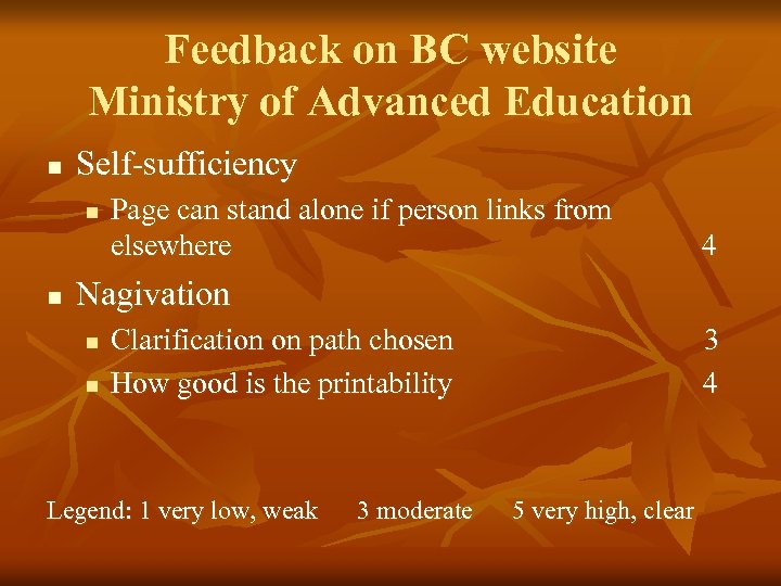 Feedback on BC website Ministry of Advanced Education n Self-sufficiency n n Page can