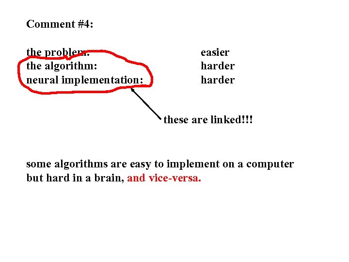 Comment #4: the problem: the algorithm: neural implementation: easier harder these are linked!!! some