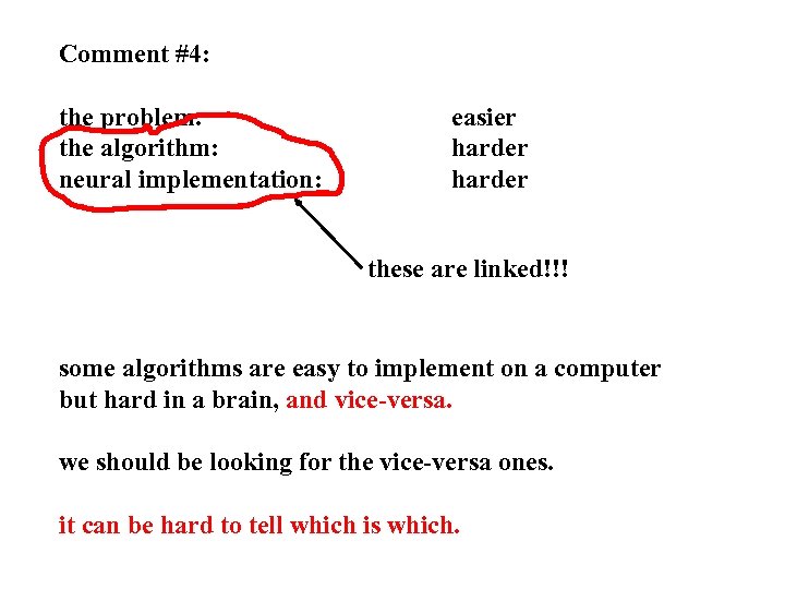 Comment #4: the problem: the algorithm: neural implementation: easier harder these are linked!!! some
