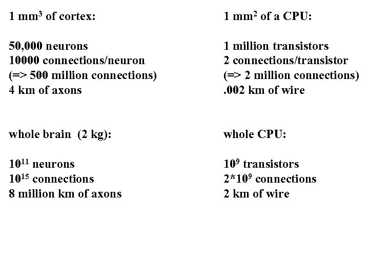 1 mm 3 of cortex: 1 mm 2 of a CPU: 50, 000 neurons