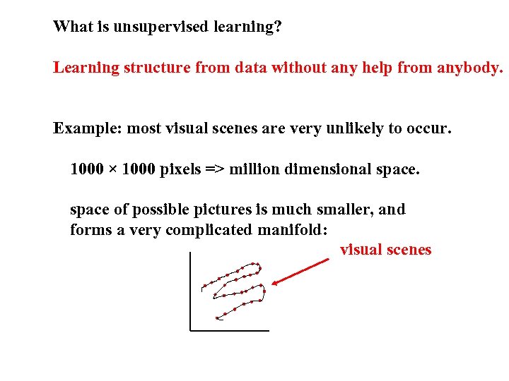 What is unsupervised learning? Learning structure from data without any help from anybody. Example: