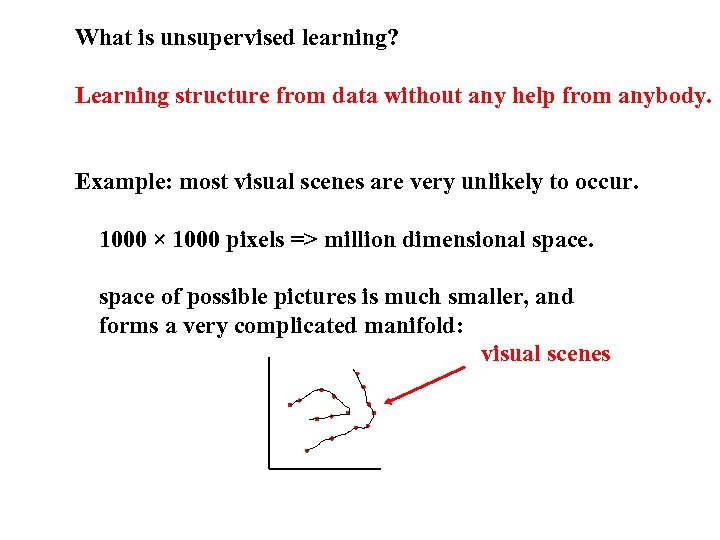 What is unsupervised learning? Learning structure from data without any help from anybody. Example: