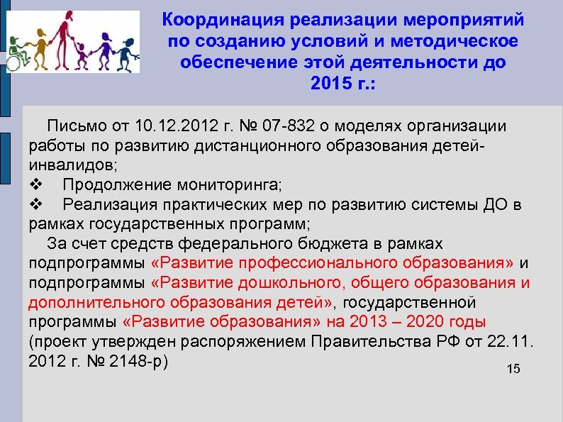 Координация реализации мероприятий по созданию условий и методическое обеспечение этой деятельности до 2015 г.
