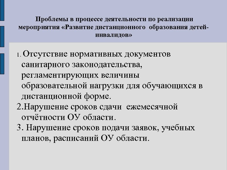 Проблемы в процессе деятельности по реализации мероприятия «Развитие дистанционного образования детейинвалидов» 1. Отсутствие нормативных