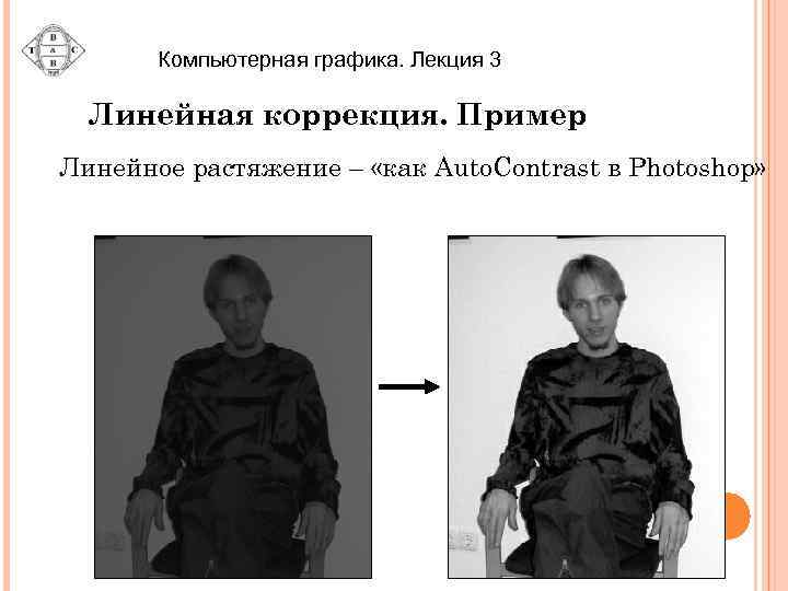 Компьютерная графика. Лекция 3 Линейная коррекция. Пример Линейное растяжение – «как Auto. Contrast в