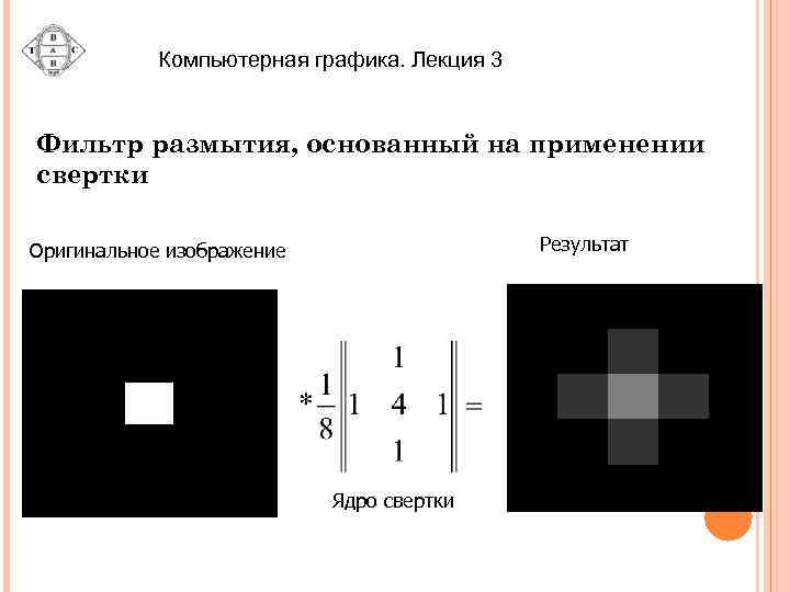 Компьютерная графика. Лекция 3 Фильтр размытия, основанный на применении свертки Результат Оригинальное изображение Ядро