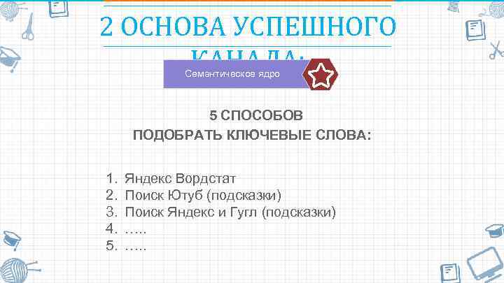 2 ОСНОВА УСПЕШНОГО КАНАЛА: Семантическое ядро 5 СПОСОБОВ ПОДОБРАТЬ КЛЮЧЕВЫЕ СЛОВА: 1. 2. 3.