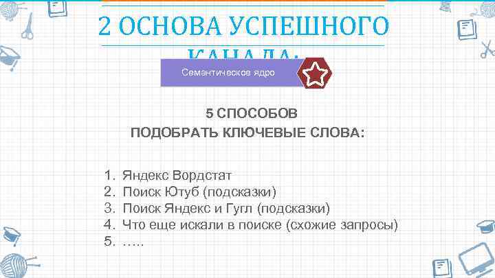 2 ОСНОВА УСПЕШНОГО КАНАЛА: Семантическое ядро 5 СПОСОБОВ ПОДОБРАТЬ КЛЮЧЕВЫЕ СЛОВА: 1. 2. 3.