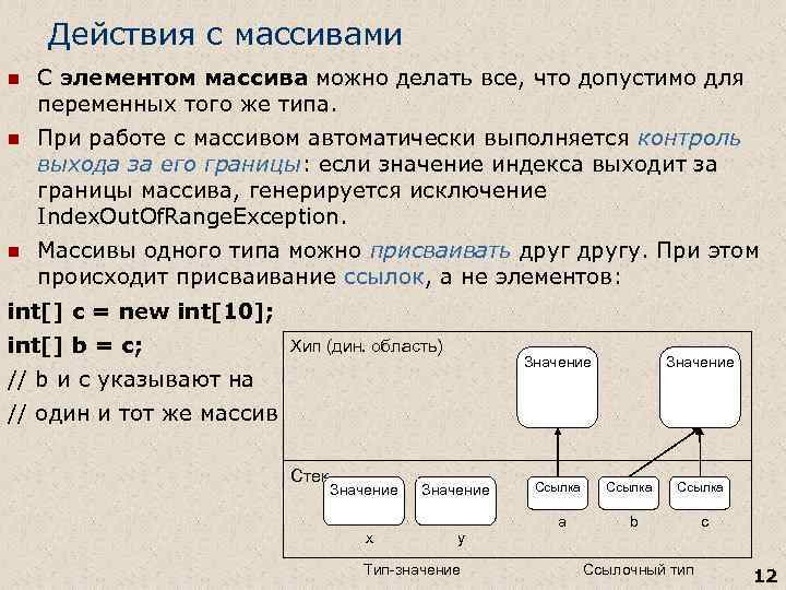 Действия с массивами n С элементом массива можно делать все, что допустимо для переменных