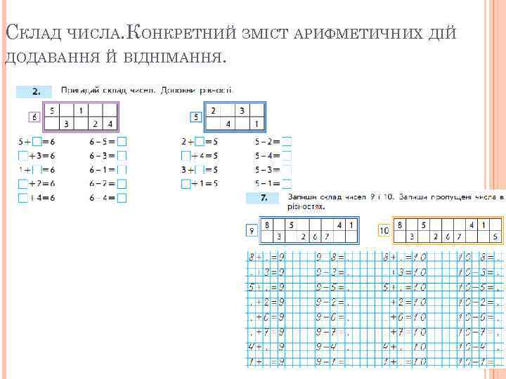 СКЛАД ЧИСЛА. КОНКРЕТНИЙ ЗМІСТ АРИФМЕТИЧНИХ ДІЙ ДОДАВАННЯ Й ВІДНІМАННЯ. 