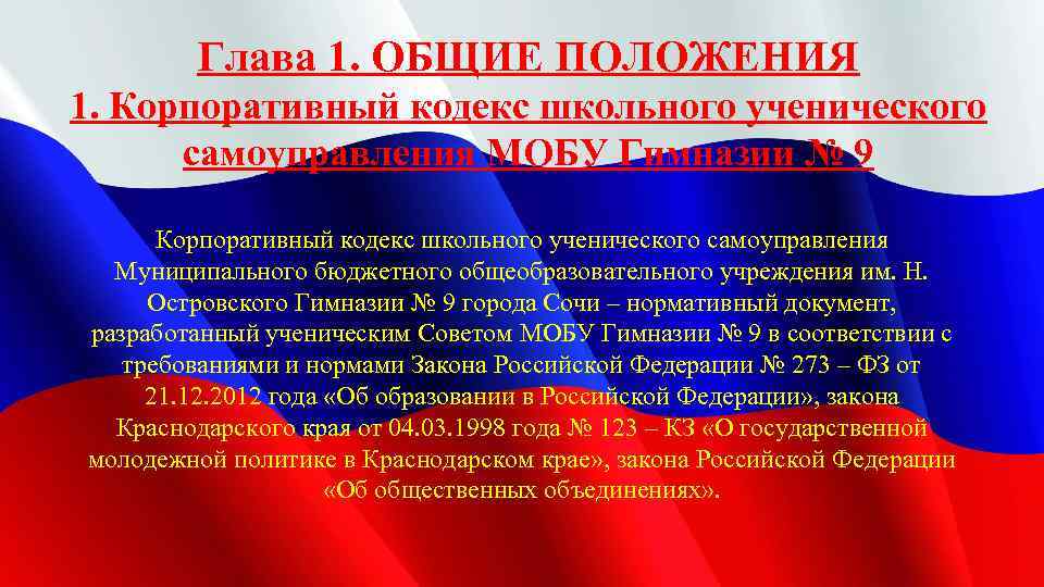 Глава 1. ОБЩИЕ ПОЛОЖЕНИЯ 1. Корпоративный кодекс школьного ученического самоуправления МОБУ Гимназии № 9