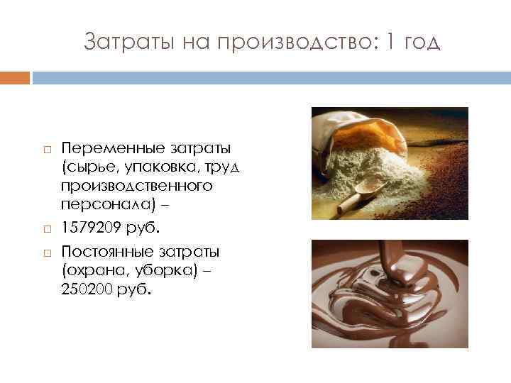 Затраты на производство: 1 год Переменные затраты (сырье, упаковка, труд производственного персонала) – 1579209