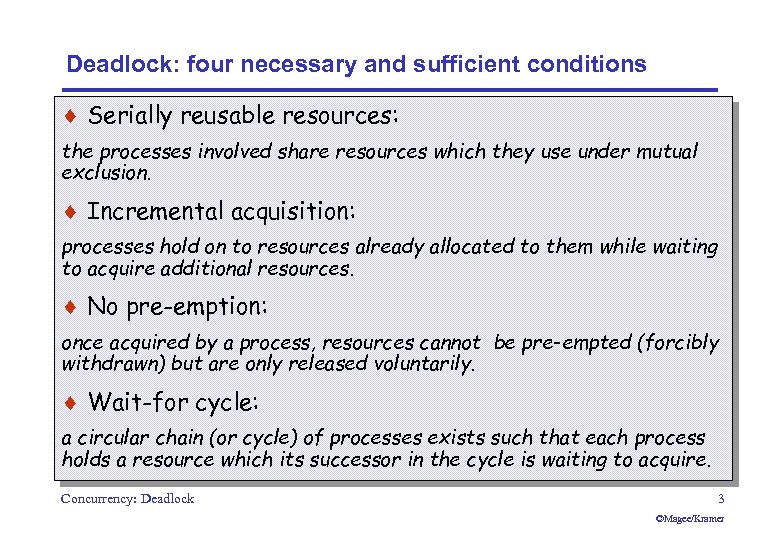Deadlock: four necessary and sufficient conditions ¨ Serially reusable resources: the processes involved share