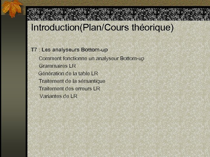 Introduction(Plan/Cours théorique) T 7 : Les analyseurs Bottom-up Comment fonctionne un analyseur Bottom-up Grammaires