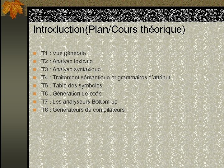 Introduction(Plan/Cours théorique) n T 1 : Vue générale n T 2 : Analyse lexicale