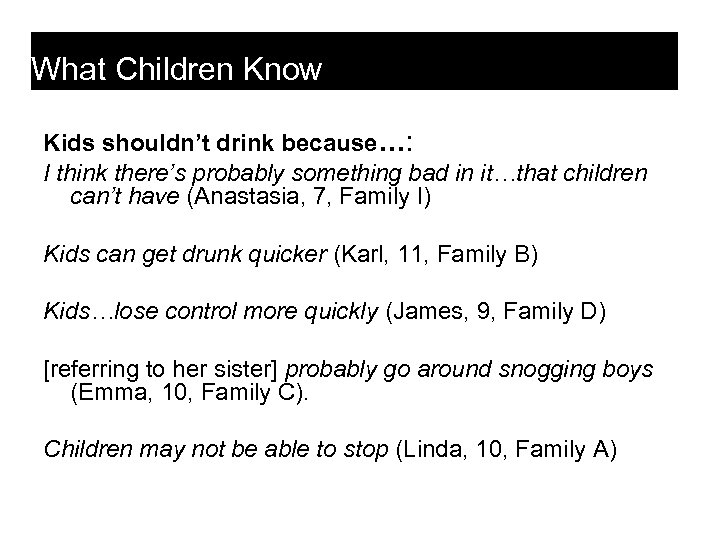 What Children Know Kids shouldn’t drink because…: I think there’s probably something bad in