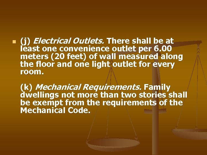 n (j) Electrical Outlets. There shall be at least one convenience outlet per 6.