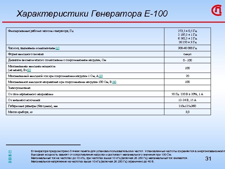 Характеристики Генератора Е-100 Фиксированные рабочие частоты генератора, Гц 273, 5 ± 0, 5 Гц