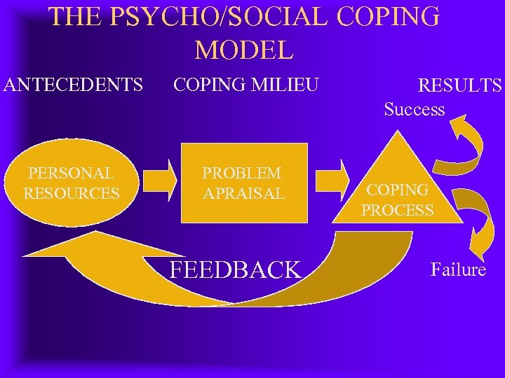 THE PSYCHO/SOCIAL COPING MODEL ANTECEDENTS COPING MILIEU PERSONAL RESOURCES PROBLEM APRAISAL FEEDBACK RESULTS Success