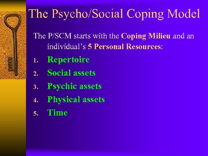 The Psycho/Social Coping Model The P/SCM starts with the Coping Milieu and an individual’s