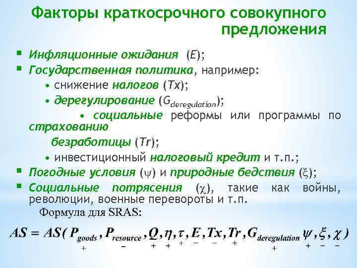 Факторы краткосрочного совокупного предложения Инфляционные ожидания (E); Государственная политика, например: • снижение налогов (Tx);