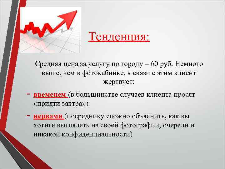 Тенденция: Средняя цена за услугу по городу – 60 руб. Немного выше, чем в