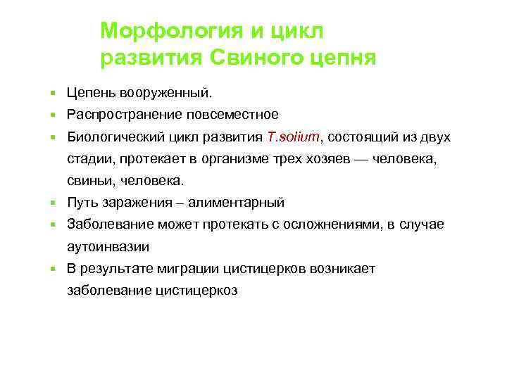 Морфология и цикл развития Свиного цепня Цепень вооруженный. Распространение повсеместное Биологический цикл развития Т.