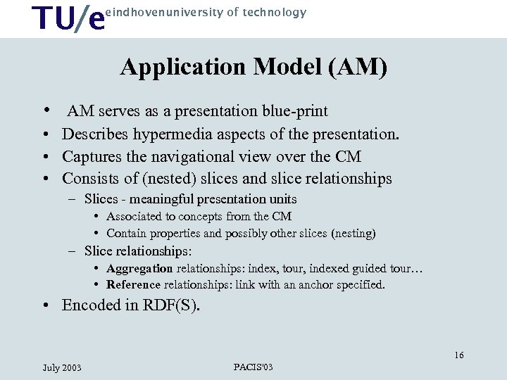 TU/e eindhovenuniversity of technology Application Model (AM) • AM serves as a presentation blue-print