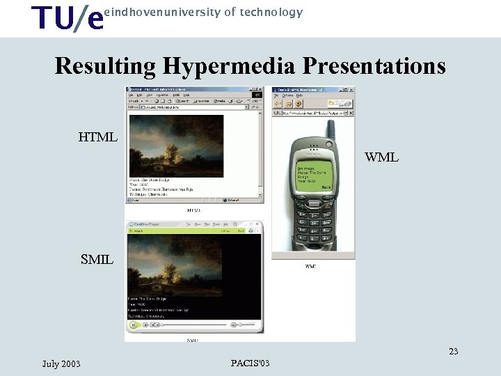 TU/e eindhovenuniversity of technology Resulting Hypermedia Presentations HTML WML SMIL 23 July 2003 PACIS'03