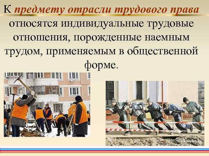 К предмету отрасли трудового права относятся индивидуальные трудовые отношения, порожденные наемным трудом, применяемым в