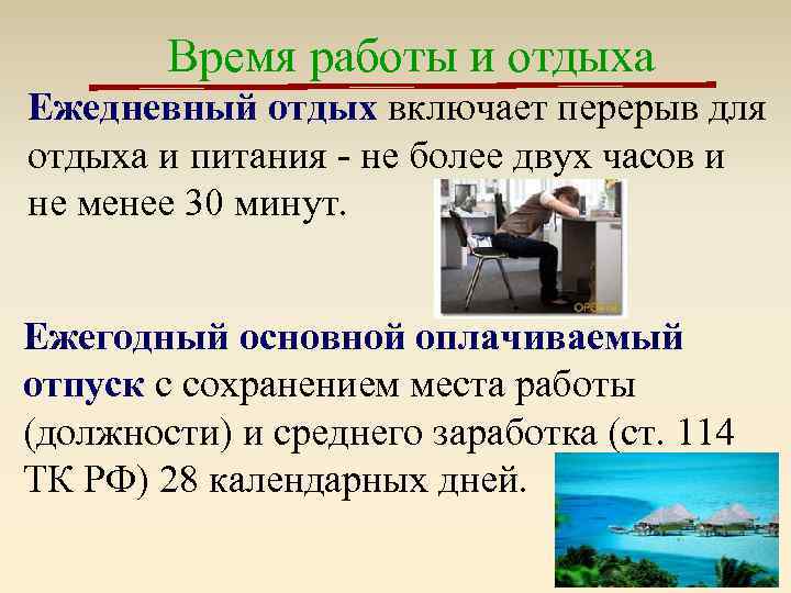 Время работы и отдыха Ежедневный отдых включает перерыв для отдыха и питания - не
