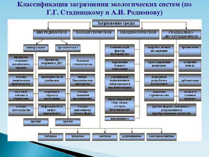 Классификация загрязнения экологических систем (по Г. Г. Стадницкому и А. И. Родионову) 