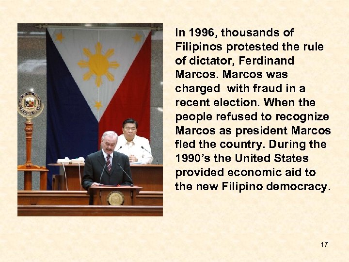 In 1996, thousands of Filipinos protested the rule of dictator, Ferdinand Marcos was charged