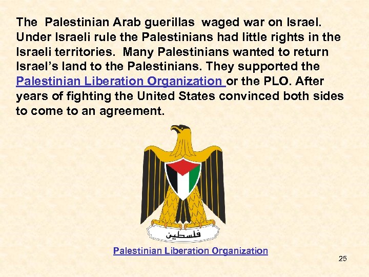 The Palestinian Arab guerillas waged war on Israel. Under Israeli rule the Palestinians had