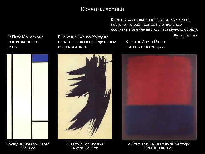 Конец живописи Картина как целостный организм умирает, постепенно распадаясь на отдельные составные элементы художественного