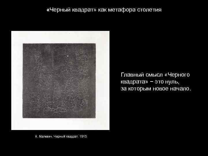  «Черный квадрат» как метафора столетия Главный смысл «Черного квадрата» − это нуль, за