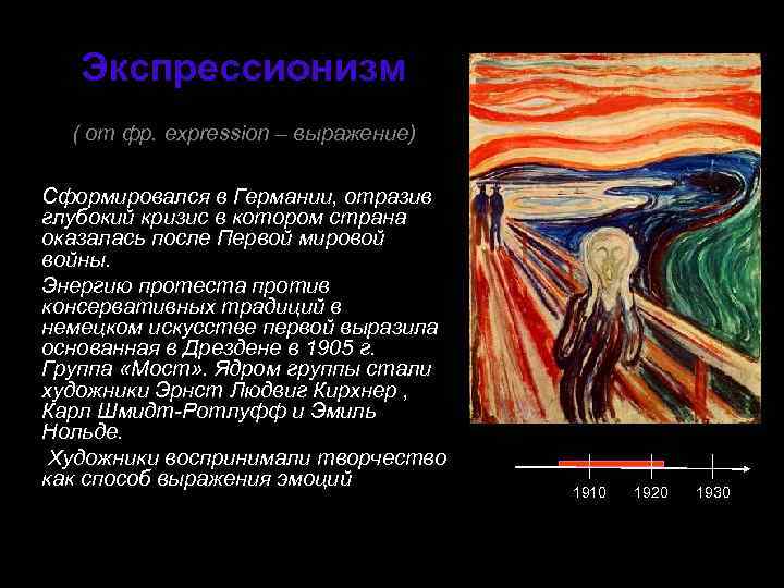 Экспрессионизм ( от фр. expression – выражение) Сформировался в Германии, отразив глубокий кризис в