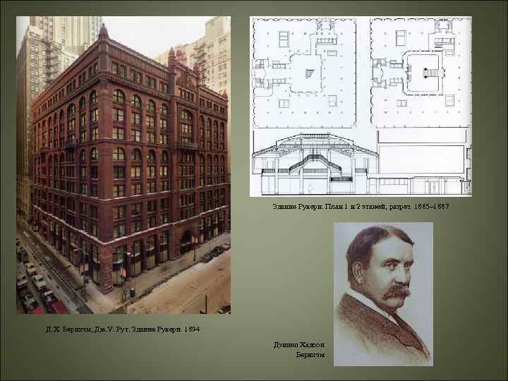Здание Рукери. План 1 и 2 этажей, разрез. 1885– 1887 Д. Х. Бернхэм, Дж.