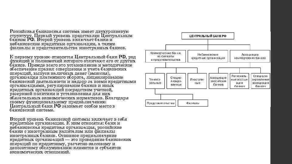 Российская банковская система имеет двухуровневую структуру. Первый уровень представлен Центральным банком РФ. Второй уровень