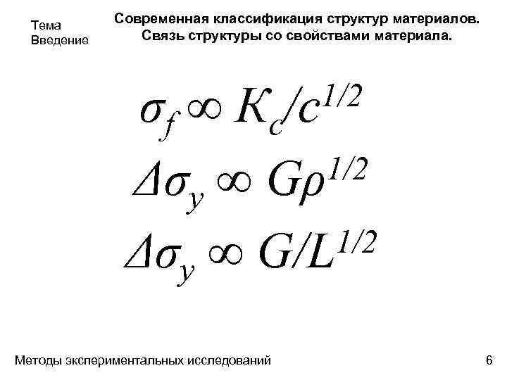 Тема Введение Современная классификация структур материалов. Связь структуры со свойствами материала. 1/2 /с σf