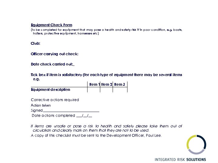 Equipment Check Form (to be completed for equipment that may pose a health and