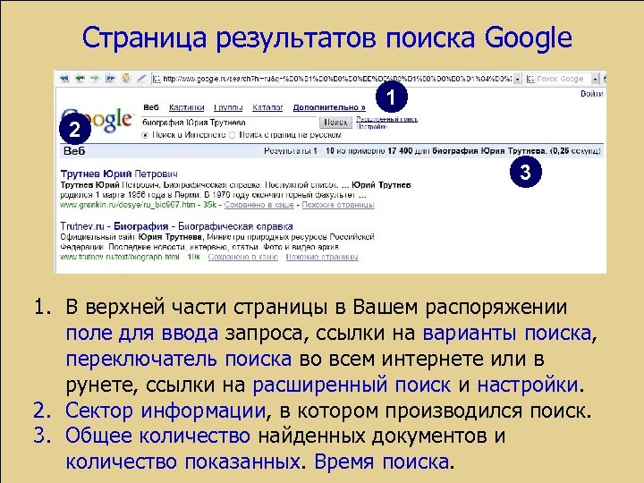 Страница результатов поиска Google 1 2 3 1. В верхней части страницы в Вашем