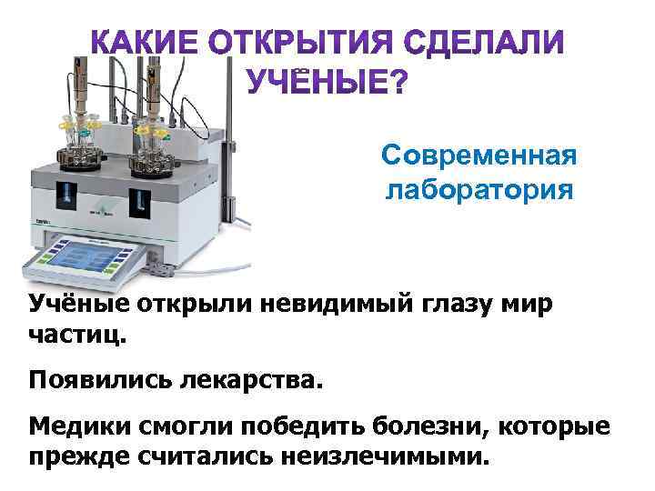 Современная лаборатория Учёные открыли невидимый глазу мир частиц. Появились лекарства. Медики смогли победить болезни,