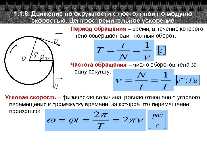 1. 1. 8. Движение по окружности с постоянной по модулю скоростью. Центростремительное ускорение Период