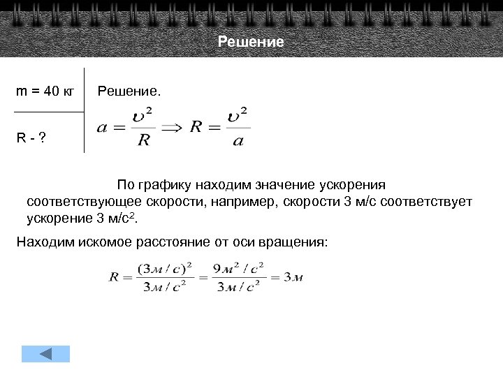 Решение m = 40 кг Решение. R - ? По графику находим значение ускорения